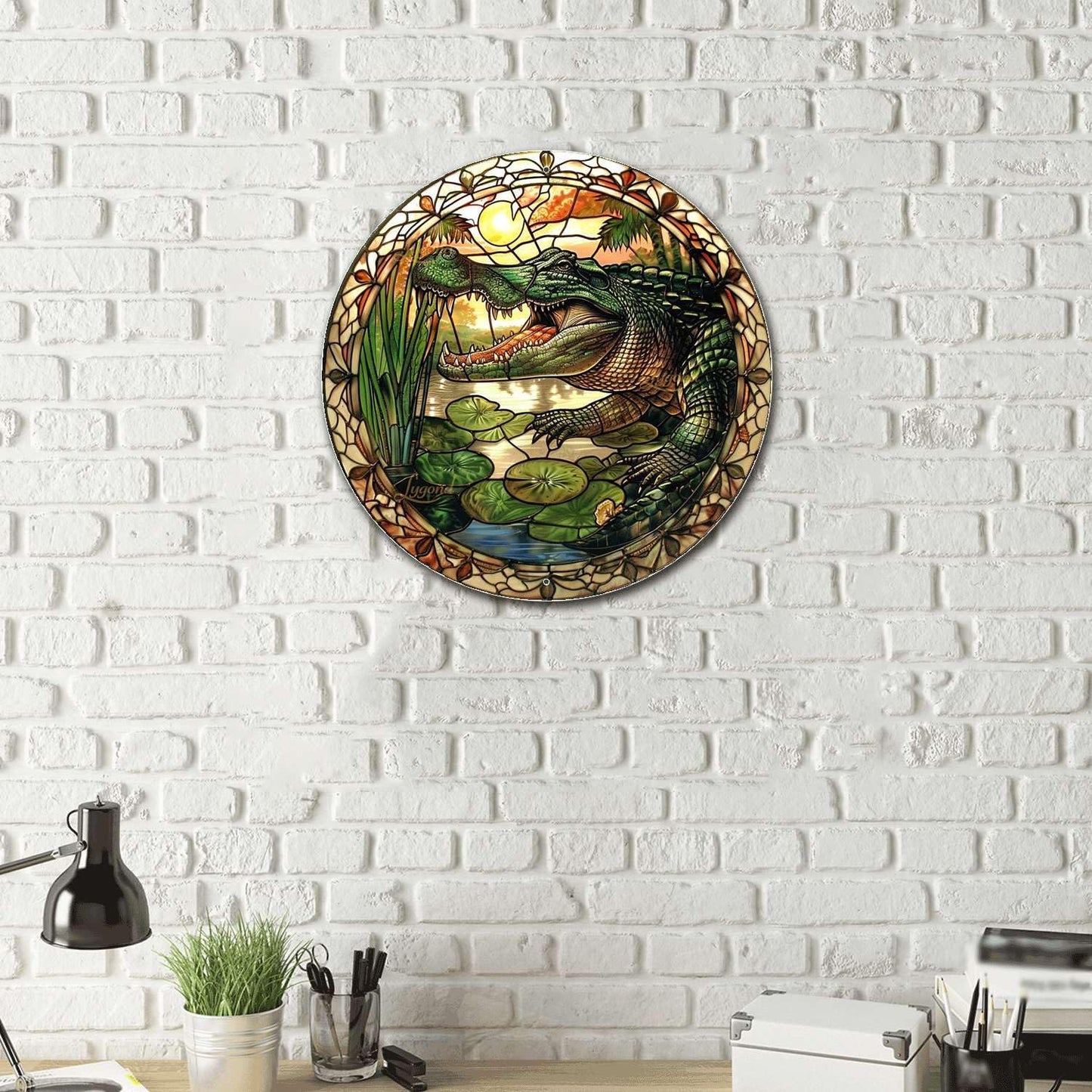Lygond Metal Sign Tin Sign Circular Stained Glass Alligator Minimalist Wall Art for Home Decor 12×12 Inches