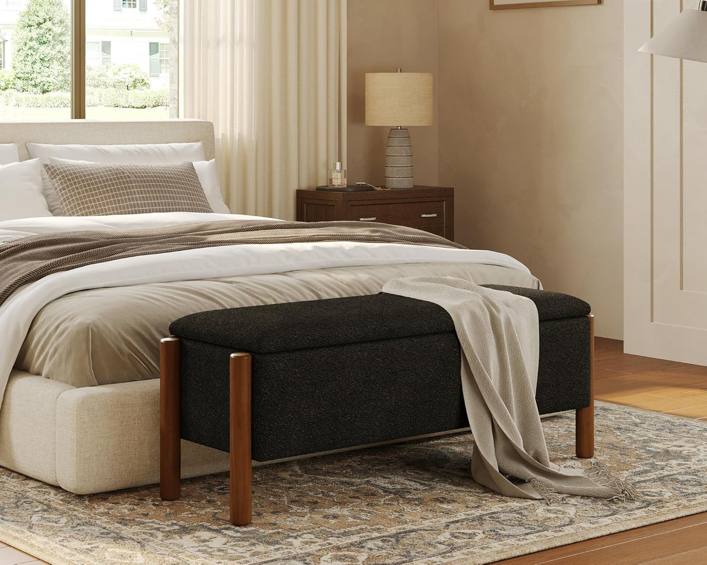 Storage Ottoman Bench, End of Bed Bench for Bedroom, 47" Boucle Upholstered Entryway Shoe Seat Benchs, Holds up to 660 lb Storage Ottoman, Padded Blanket Chest Stool Foot Rest for Living Room Black