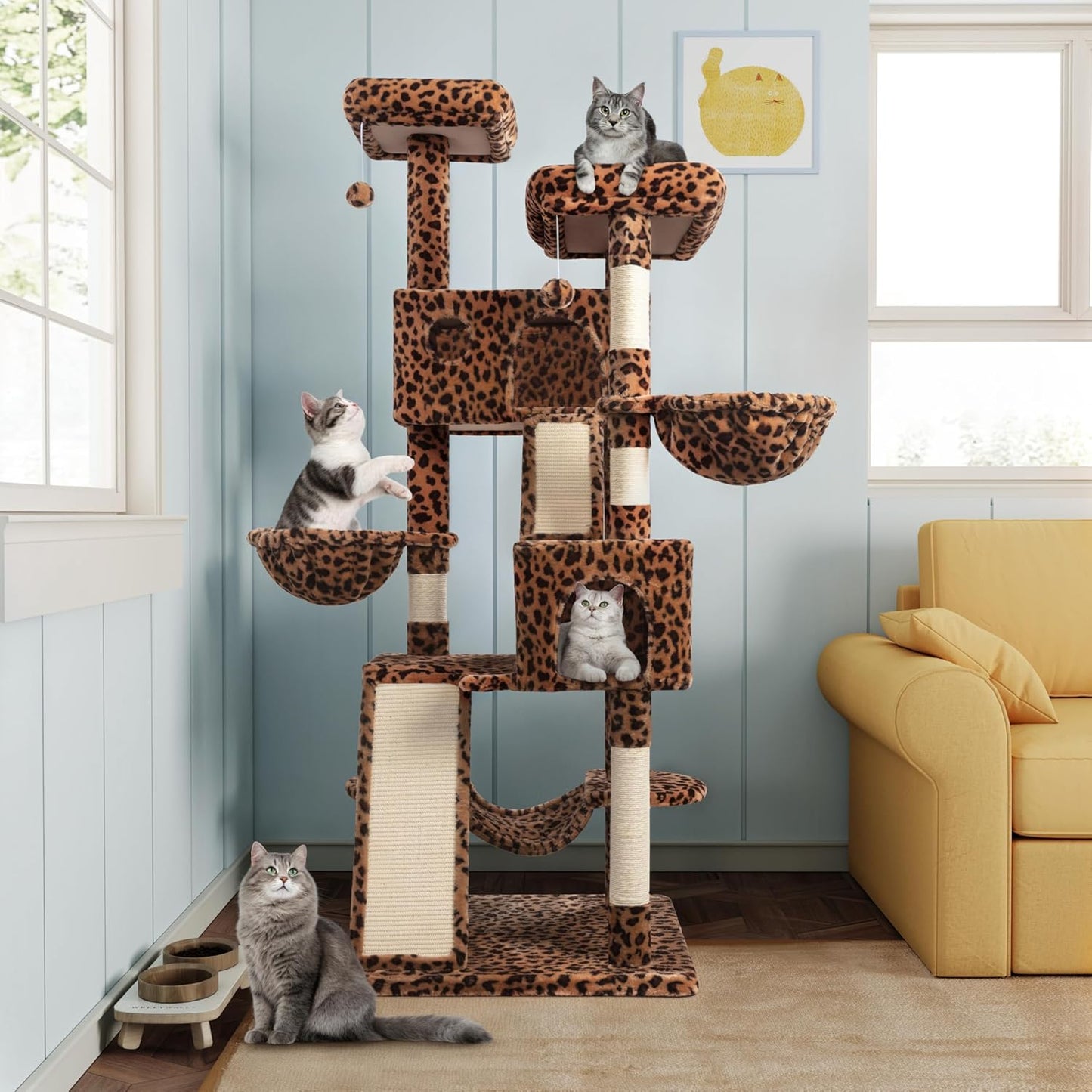 MUTICOR 66 Inches Multi-Level Large Cat Tree Tower for Indoor Big Feline/Cozy Plush Perches/Condo/Sisal Scratching Posts/Hammock and Baskets/Activity Center Play House/Wide Base/Leopard Print