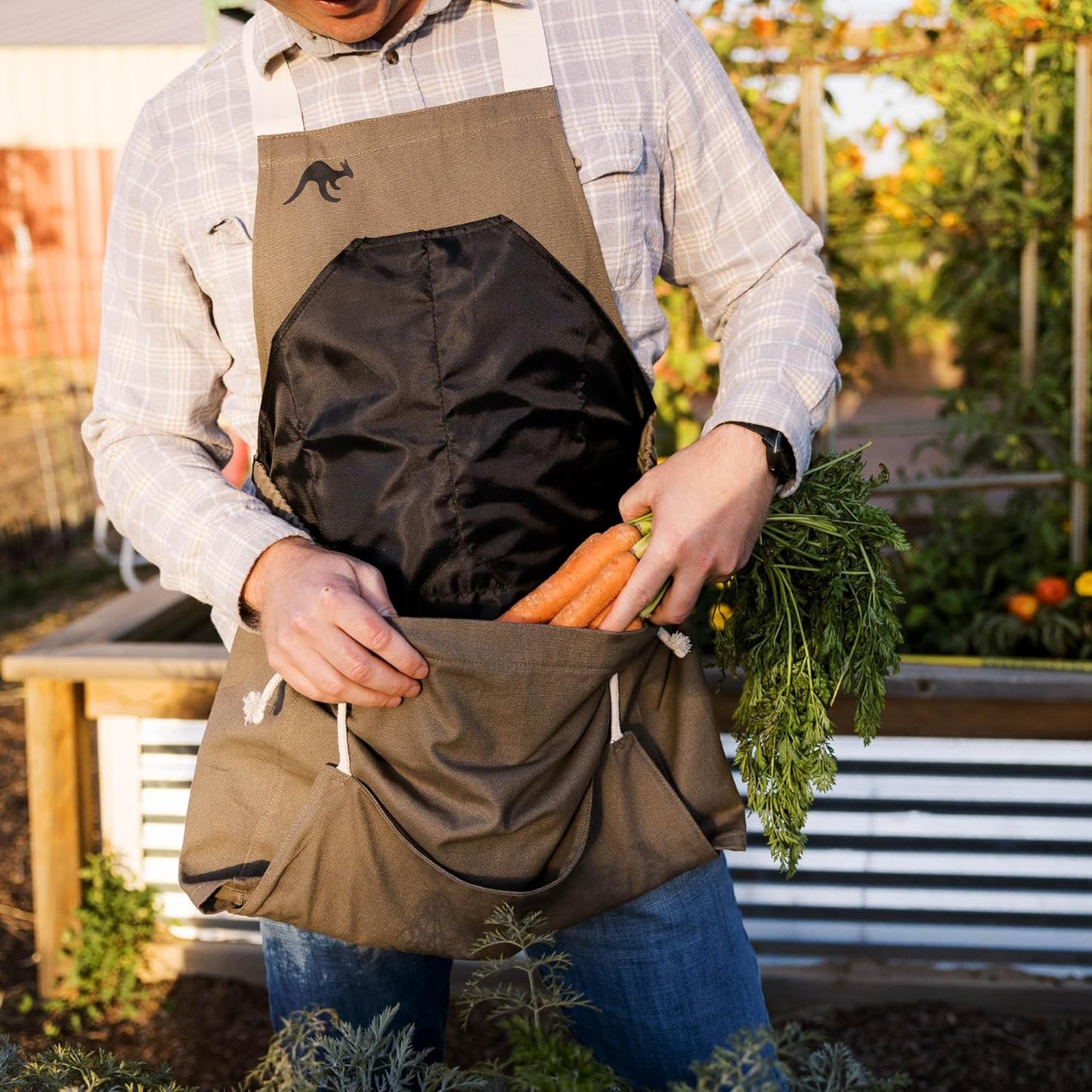 Roo Gardening Apron with Pockets & Harvesting, Picking Pouch - Adjustable, Water-resistant, Washable Canvas Cotton