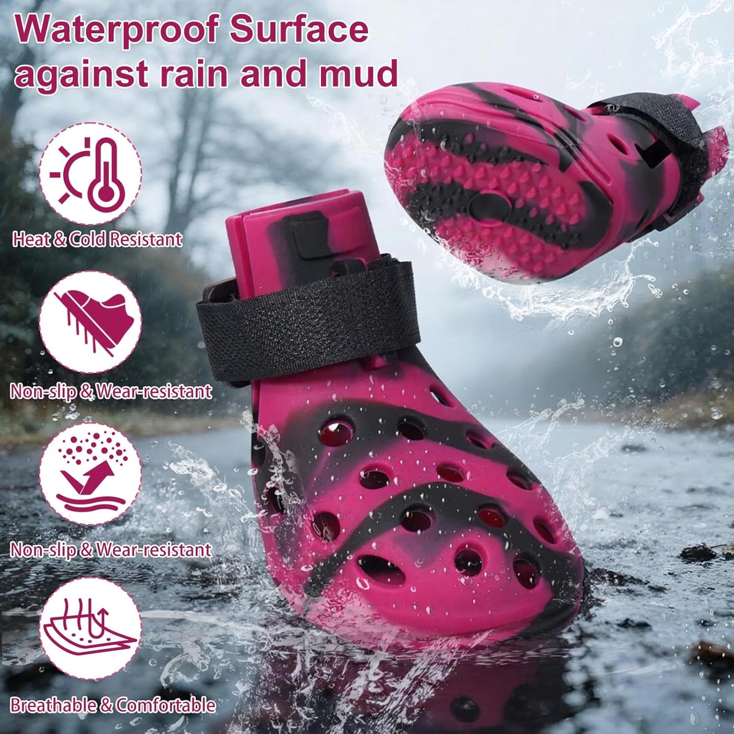 Dog Shoes for Hot Pavement and Snow, Silicone Dog Booties for Small Medium Large Dogs, Waterproof Paw Protectors- Non-Slip, Adjustable Straps, Dog Boots for Beach/Rain/Hiking (Black Pink, L)