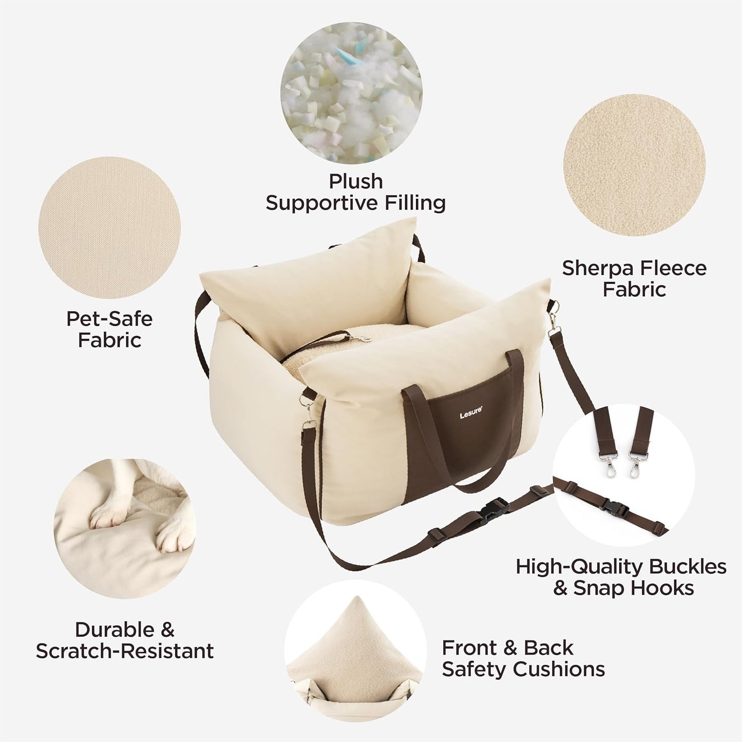 Lesure Small Dog Car Seat for Small Dogs - Dog Booster Seat for Car with Waterproof Bottom, Clip-On Safety Leash and Thickened Memory Foam Filling, Pet Carseat Puppy Travel Carrier Bed, Beige