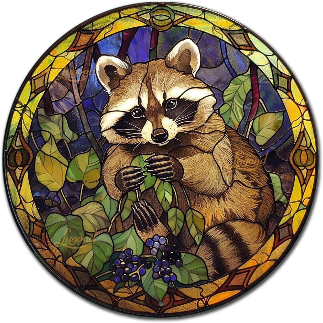 Lygond Metal Sign Tin Sign Circular Stained Glass Raccoon Minimalist Wall Art for Club 8×8 Inches