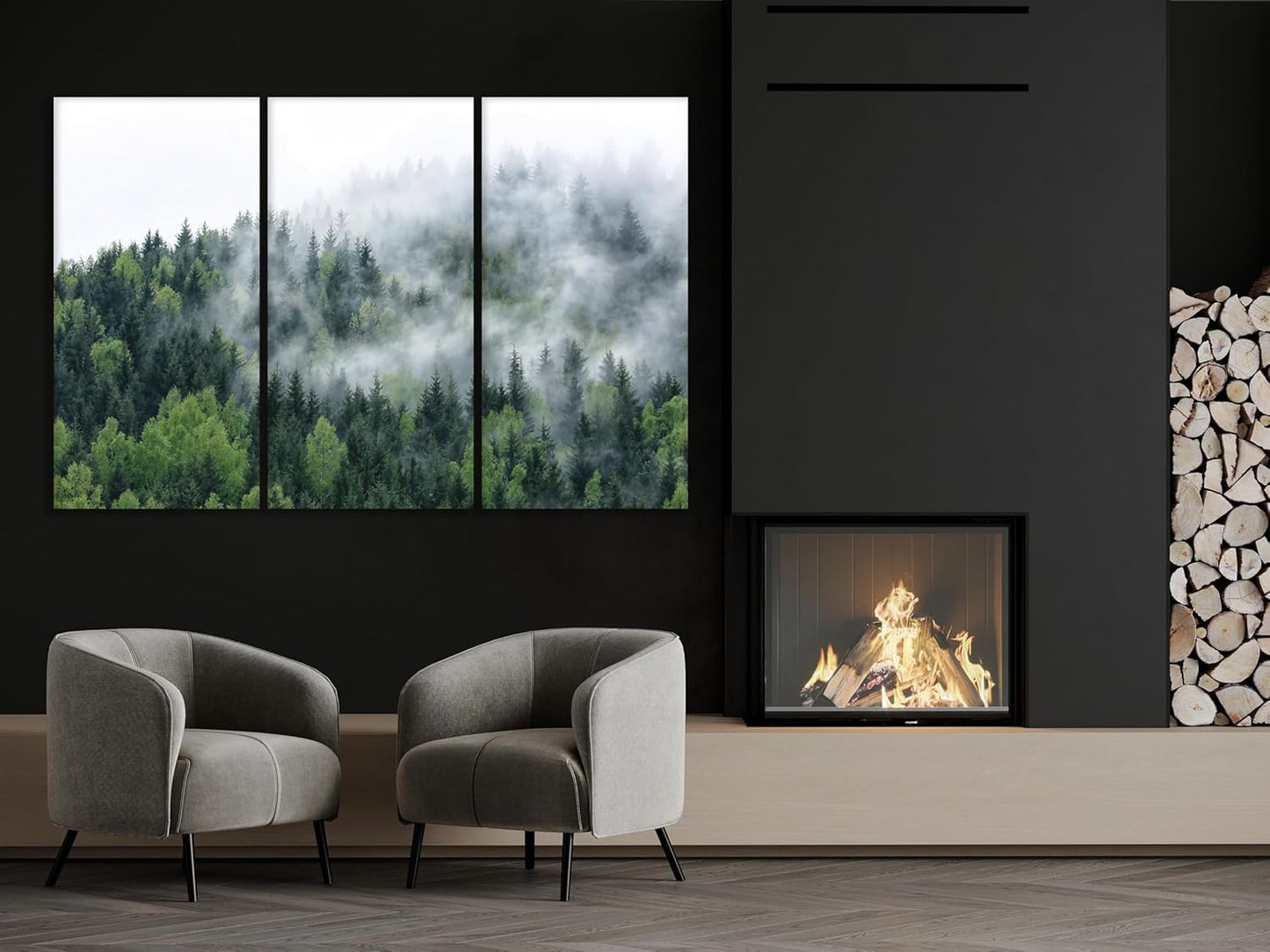 Nature Wall Art Prints - Ocean Forest Mountain Lake Canvas Landscapes - Small to Extra Large Living Room Bedroom Kitchen Bathroom Décor (Pine Trees in Fog, 47L" x 71W" - 3 panels)
