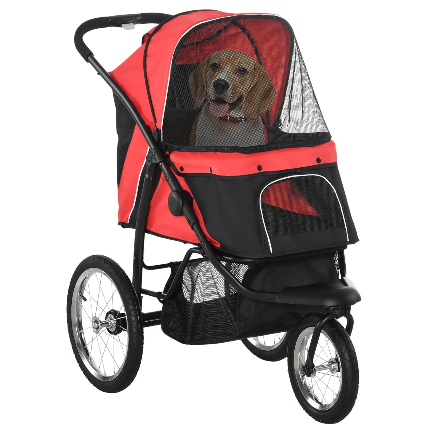 PawHut 3 Wheels Pet Stroller for Small and Medium Dogs, Foldable Cat Stroller Jogger with Adjustable Canopy, Safety Tether, Cushion, Storage Basket, Red