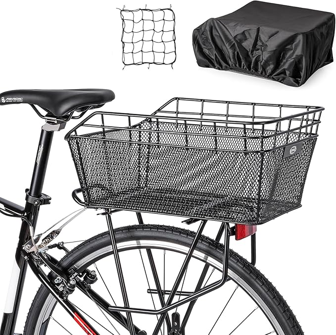 Rear Bike Basket - Large Bicycle Rear Basket with Cargo Net and Waterproof Cover, Wire Bike Baskets Rear Large Capacity (NO Bike Rack Include)