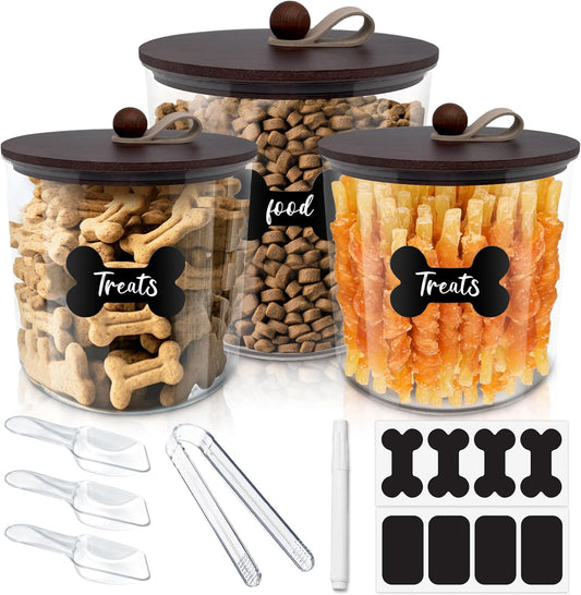 3 Pack Airtight Dog Food Storage Container, Dog Treat Container Dog Food Container with Wood Lids 8x7''&6x5'',Pet Food Storage Container,Cat Food Containers with Scoops,Clamp,Labels,Pens