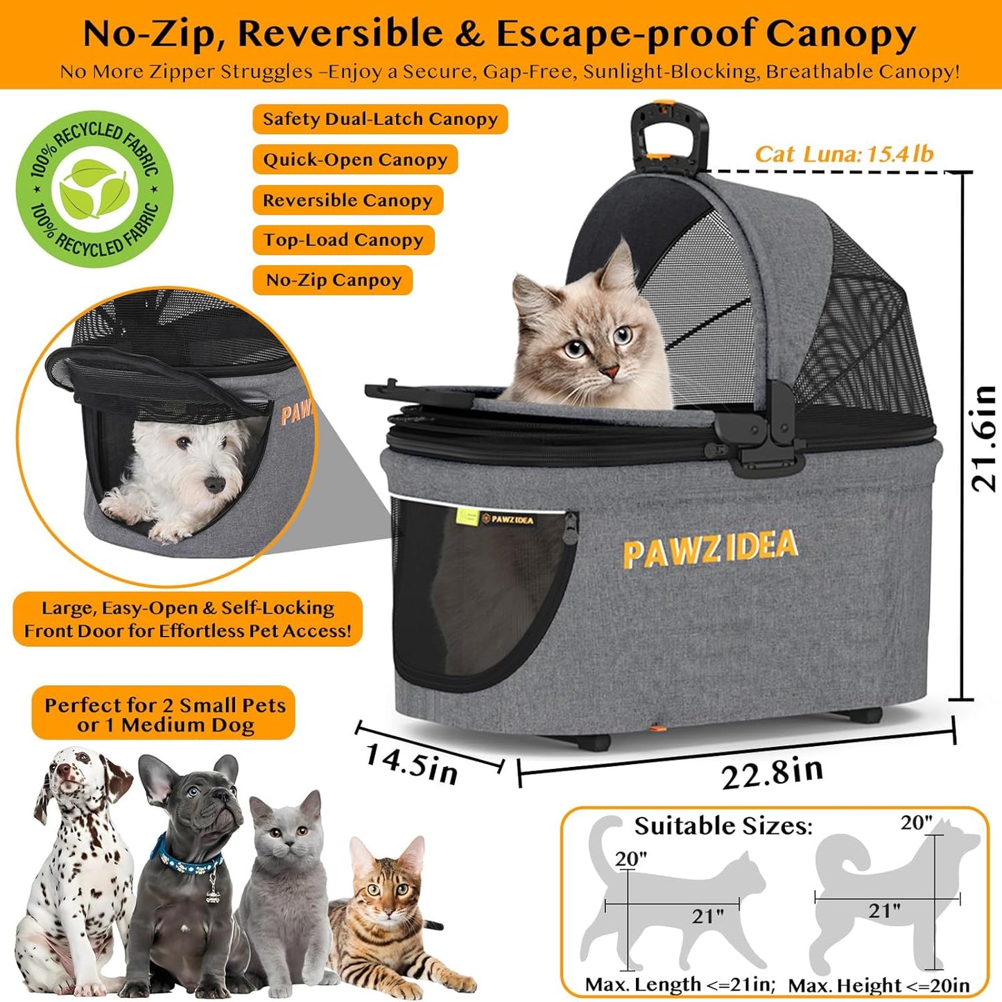 PAWZIDEA Pet Stroller 4 in 1, Dog Strollers for Small/Medium Dogs with Detachable Carrier Easy Lock Canopy, Seatbelt Puppy Car Seat, Cozy House, Foldable & Lightweight Jogger Cat Stroller, 4 Wheels