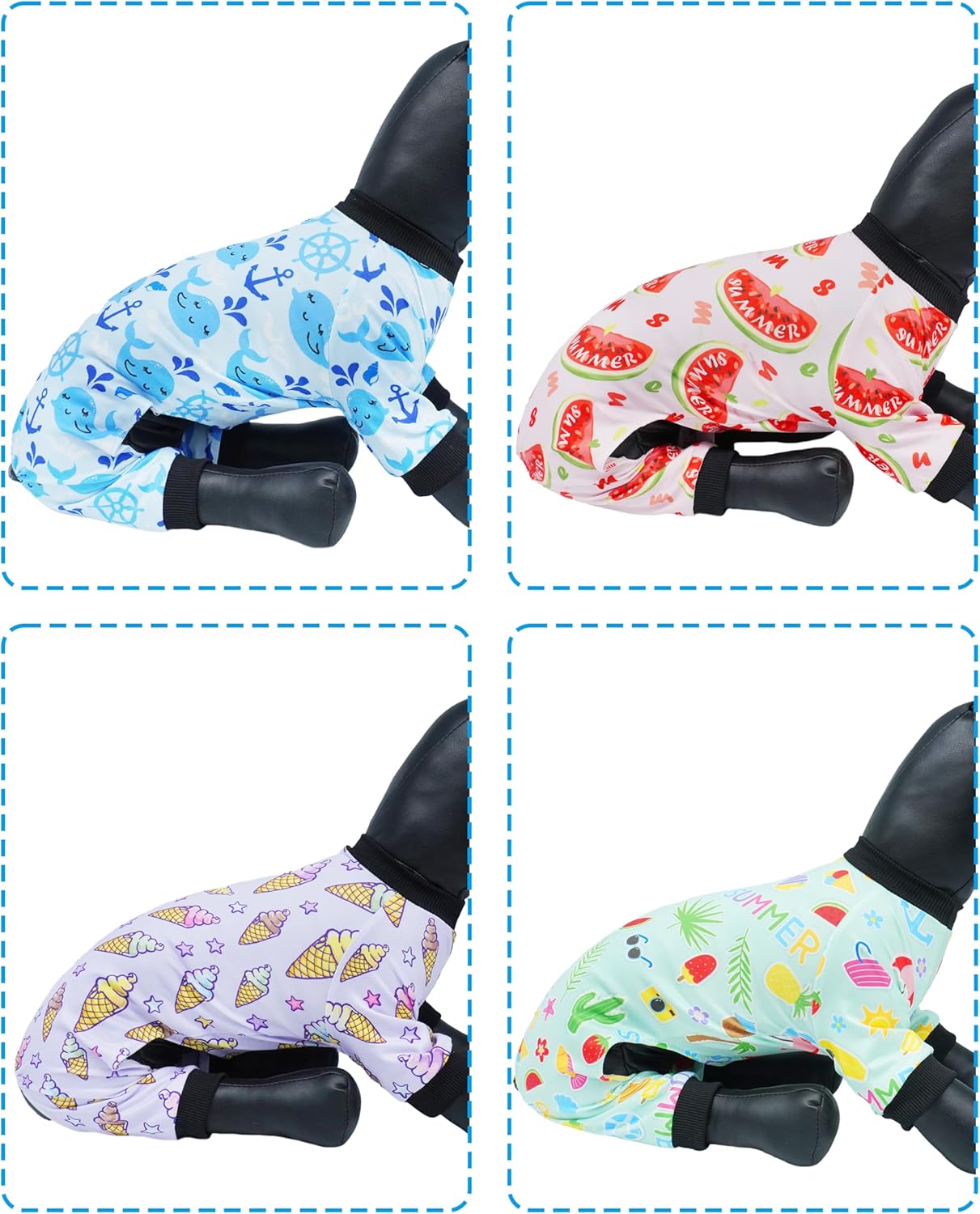 PET SHOW 4 Pack Small Dog Pajamas Watermelon Doggies Soft Stretchy PJs Whale Ice Cream Jumpsuit Puppy Cats Girl Boy Floral Onesies Outfits with Sleeve Pets Breathable Summer Dog Clothes Costume M