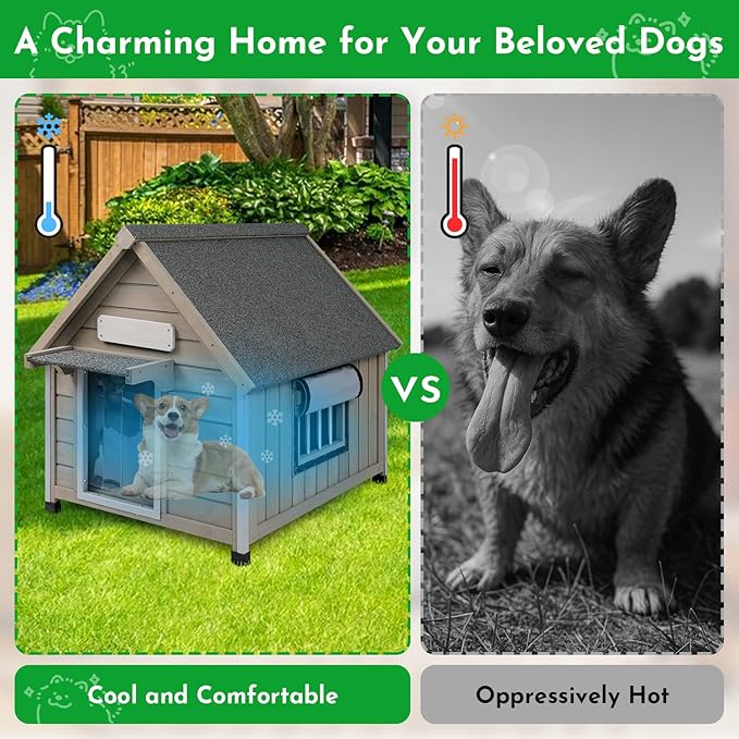 Outdoor Dog House Weatherproof Large Wooden Dog Kennel Indoor for Small Dogs with Chew-Proof Frame, Oxford Fabric Window, Removable Floor Pet Shelter (Grey, 26" D x 31.9" W x 32" H)