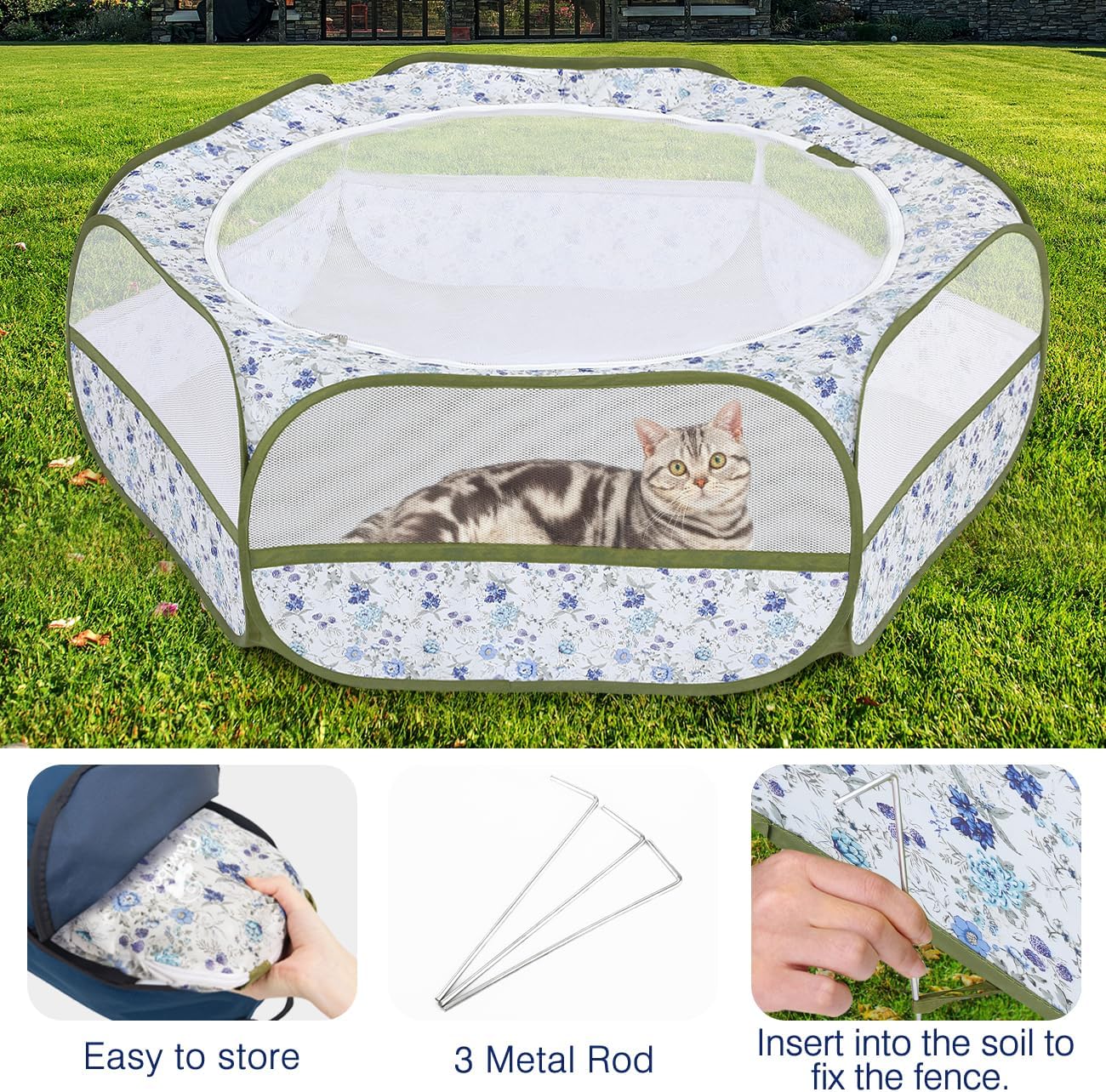 Pawaboo Small Animals Playpen, Waterproof Small Pet Cage Tent with Zippered Cover, Portable Outdoor Yard Fence with 3 Metal Rod for Chick/Kitten/Puppy/Guinea Pig/Rabbits/Hamster, Blue + White Flower