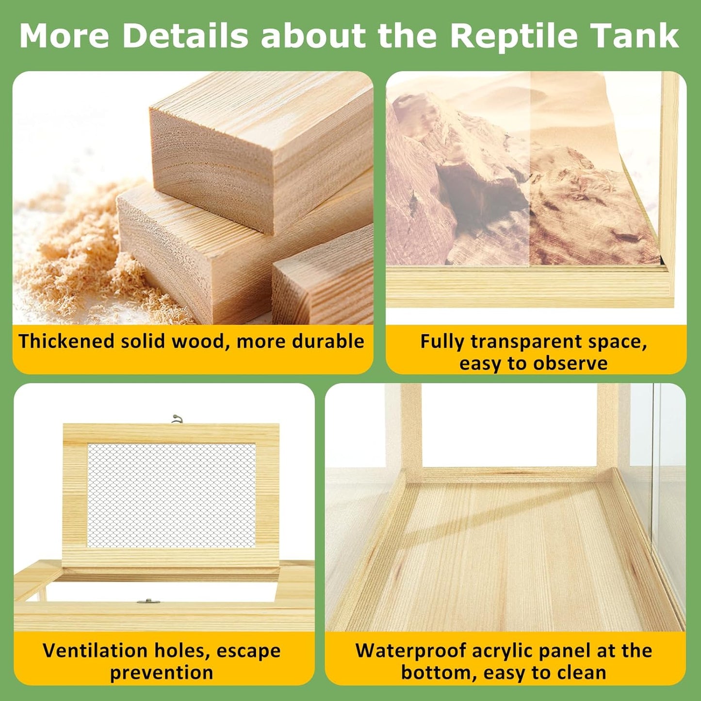 Reptile Terrarium Tank 37 Gallon, Snake Enclosure, Lizard, Leopard Gecko Tank with Openable Metal Mesh, Lockable Bearded Dragon Tank, Front Opening Reptile Cage (Wood, 32" x 16" x 16")