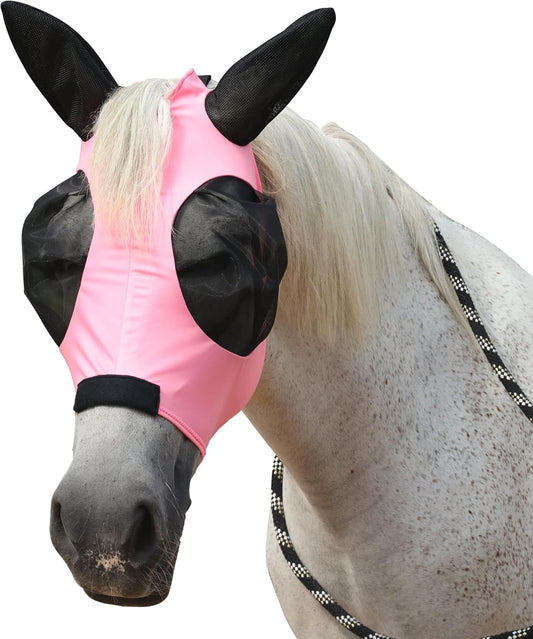 Horse Fly Mask with Ears - Large Eye Space for Full Vision, Breathable Stretch Comfort Fit, UV Protection, Forelock Opening, Easy Pull-On Pink Pony