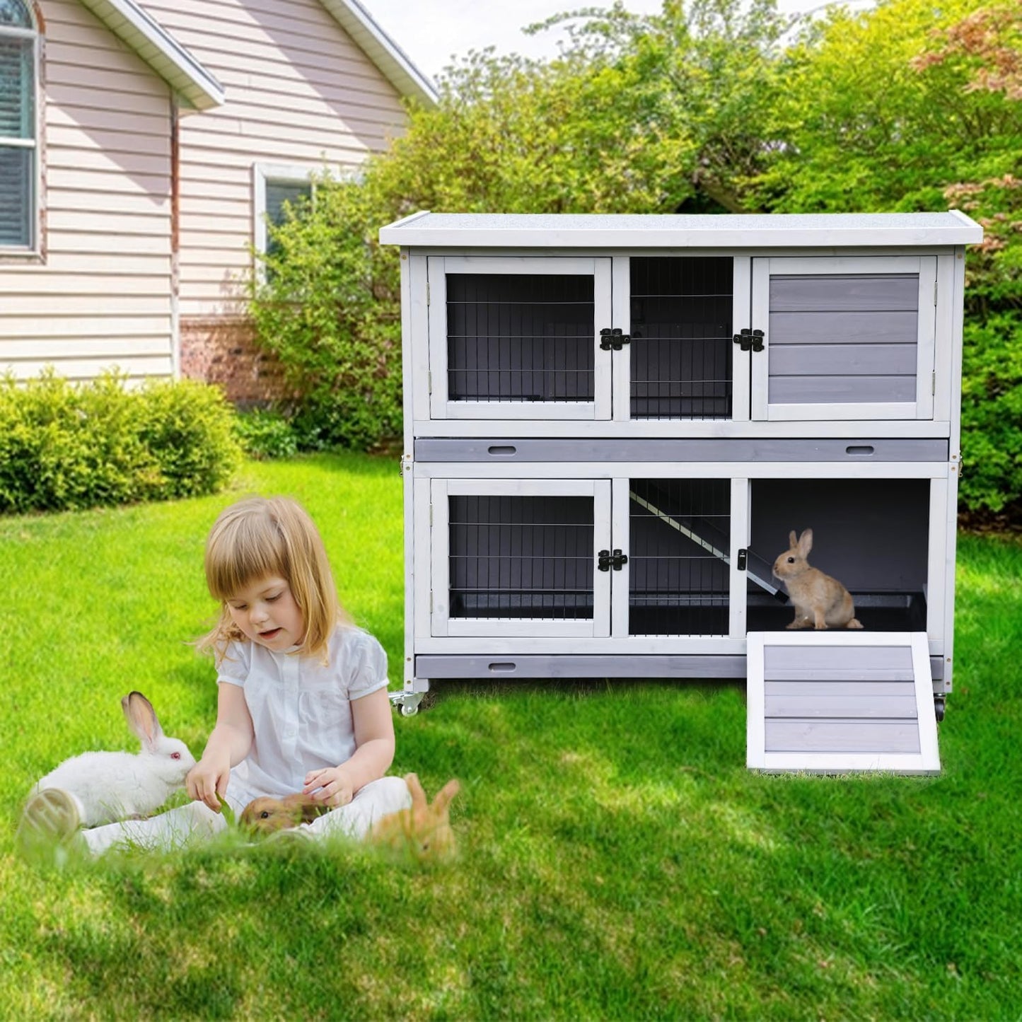 Aivituvin Rabbit Hutch Indoor, Folding Bunny Cage with Two Story, Rabbit Cage with Wheels, Anti Slip Ramp
