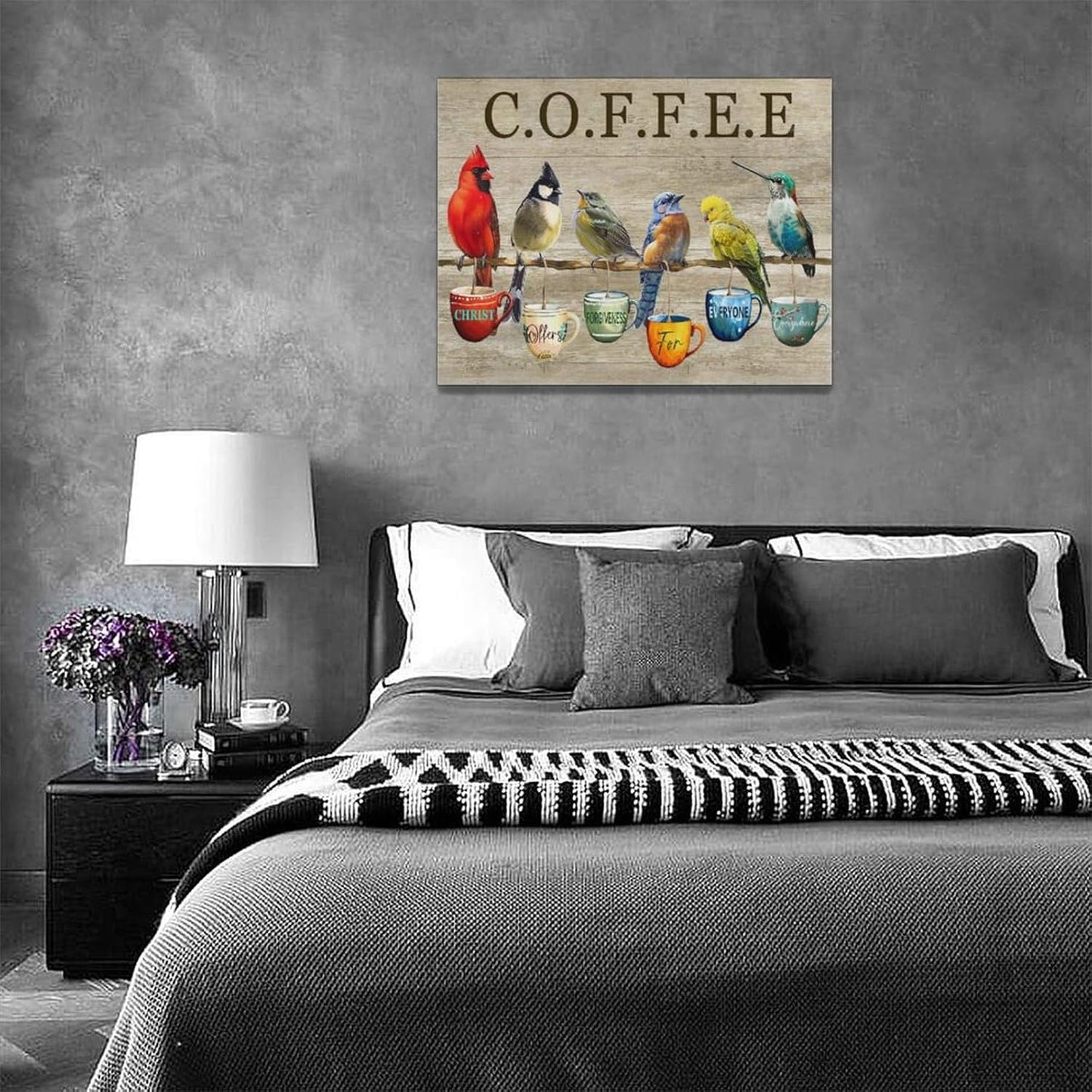 Rustic Bird Coffee Wall Art Kitchen Christ Coffee Pictures Wall Decor Farmhouse Cardinal Hummingbird Canvas Print Painting Artwork for Coffee Bar Living Room Bedroom 12"x16"