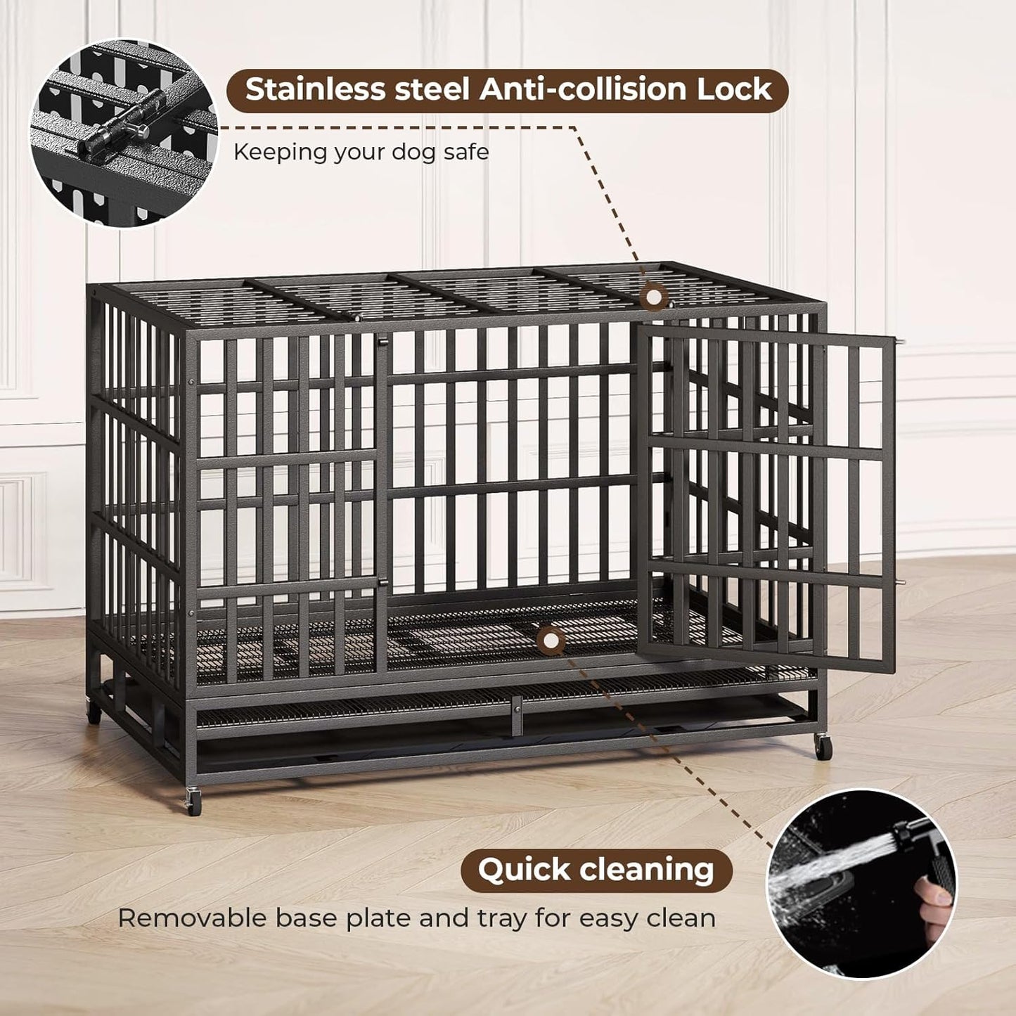 48/42/38 Inch Heavy Duty Indestructible Dog Crate,Escape Proof Dog Cage Kennel for Small Medium Dogs Indoor Double Door Dog Crate with Wheels, Lock& Removable Tray