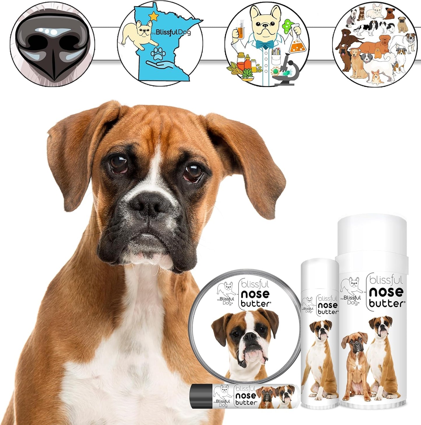 The Blissful Dog Fawn Boxer Nose Butter for Dry, Cracked Skin, Lick-Safe Dog Nose Balm with Moisturizing Shea Butter, Almond, Olive, and Essential Oils, Pet Supplies, Uncented, 8 oz.