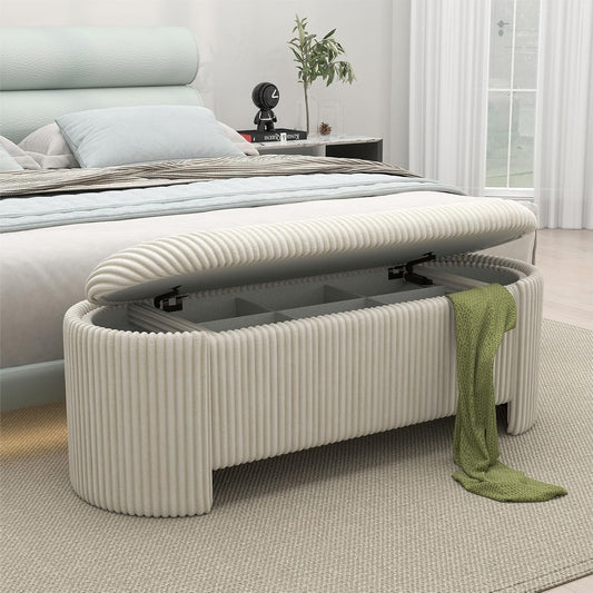 Storage Ottoman Bench Upholstered Corduroy End of Bed with Safety Hinge for Bedroom, Living Room, Entryway, Closet, Stool Modern Design Legs, No Installation Needed, White