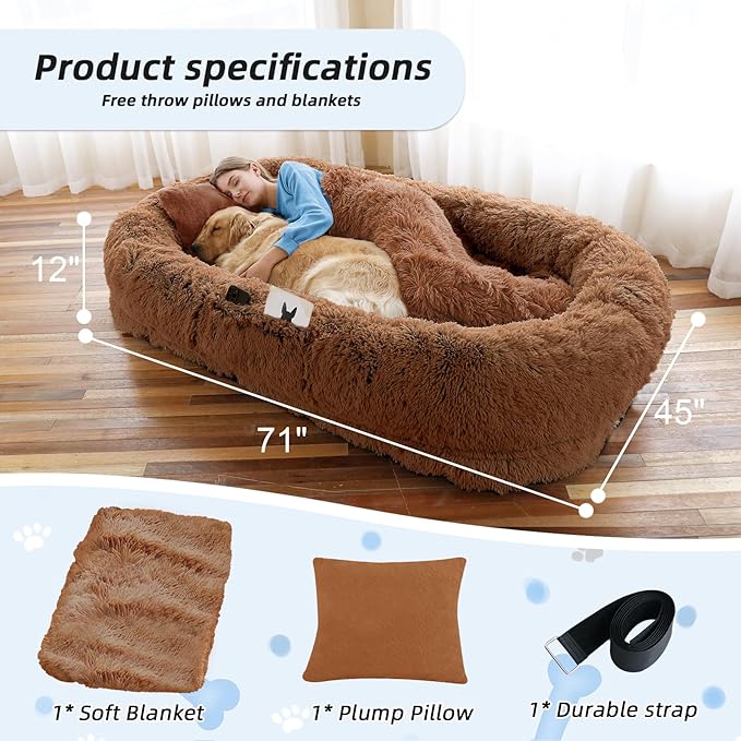 Human Dog Bed, Brown, 71''x45''x12'' Size Fits You and Pets, Washable Faux Fur Pet Bed for People Doze Off, Napping Orthopedic Dog Bed, Present Plump Pillow, Blanket, Strap