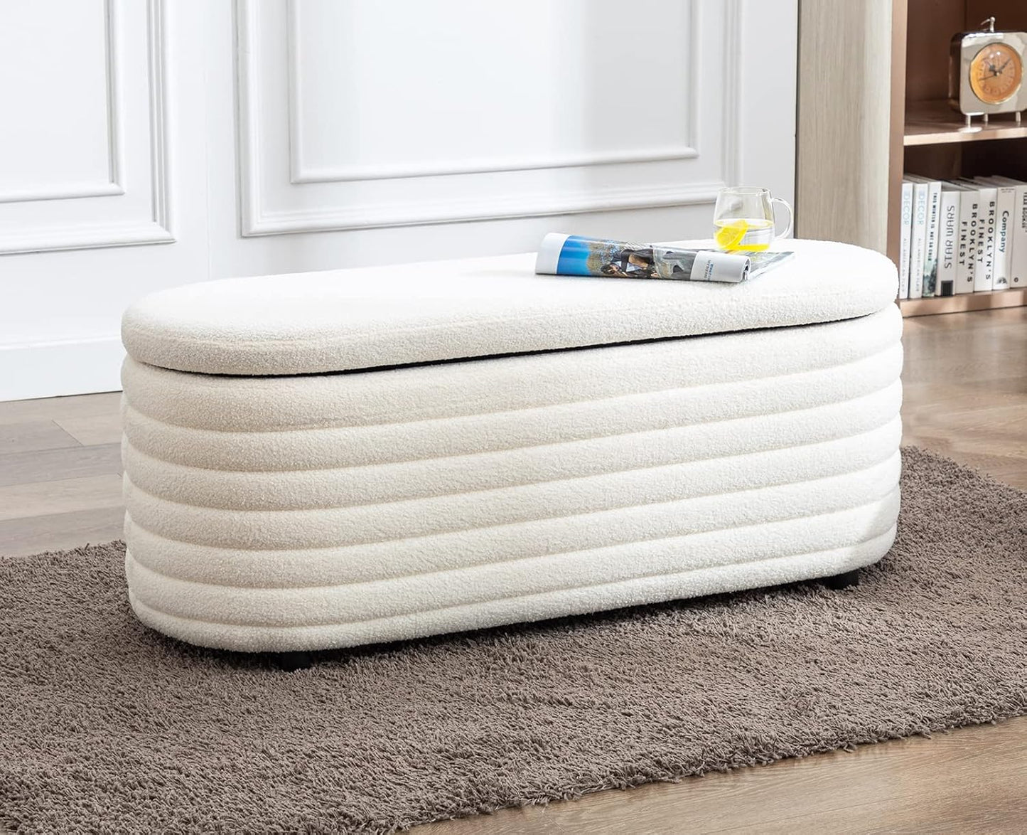 Kmax 45" Storage Bench Faux Fur Entryway Bench Upholstered Ottoman Bench for Bedroom Living Room Hallway, White