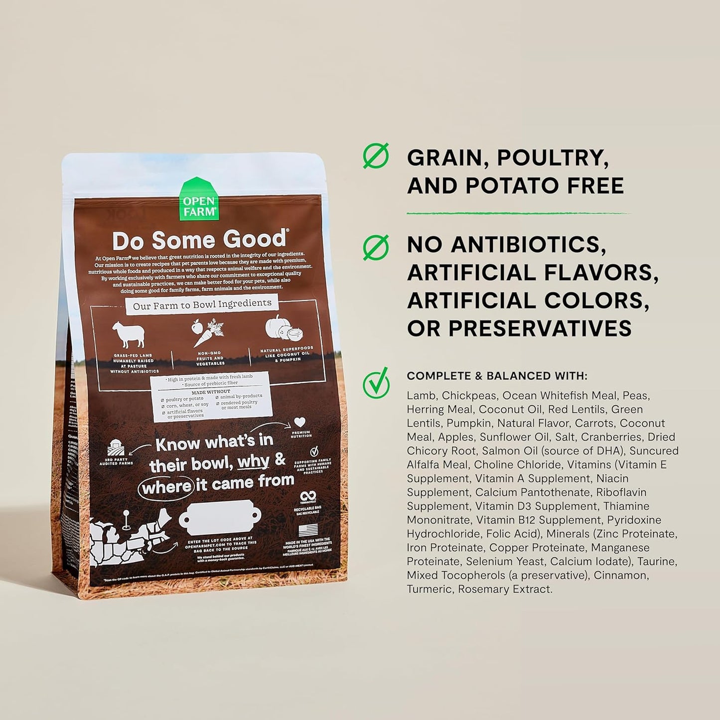 Open Farm, Grain-Free Dry Dog Food, Complete & Balanced Kibble, Sustainably & Ethically Sourced Ingredients, Non-GMO Veggies & Superfoods Support Overall Health, Pasture Raised Lamb Recipe, 22lb Bag