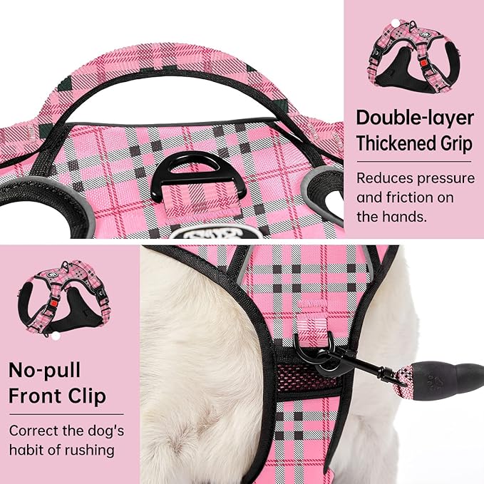 IVY&LANE No Pull Dog Harness with Leash Set, Reflective No Choke Pet Vest,Adjustable Oxford Dog Vest Harness with Easy Control Handle for Small Dogs (Checkered Pink,S)