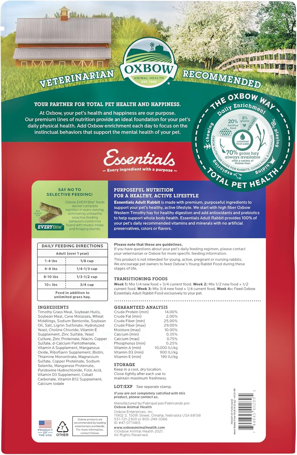 Oxbow Essentials Rabbit Food, Adult, Made with Oxbow Timothy Hay for Rabbit, Pet Pellets with Vitamins & Minerals, Small Animal Pet Products, Bunny Food, Made in USA, High Fiber, 10 lb. bag