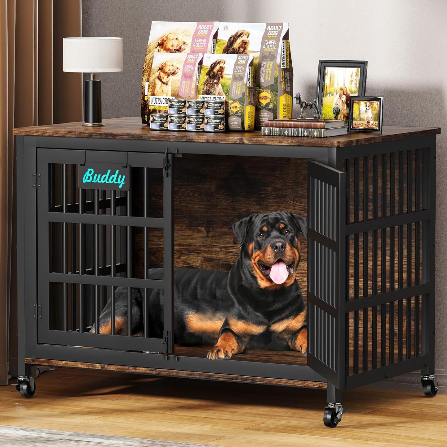 EasyCom 48"/42"/33" Dog Crate Furniture with Name Tag, Heavy Duty Dog Kennel Indoor for Large Dogs, Escape-Proof and Chew-Proof Dog Cage for high Anxiety Dog, Decorate House as TV Stand, End Table