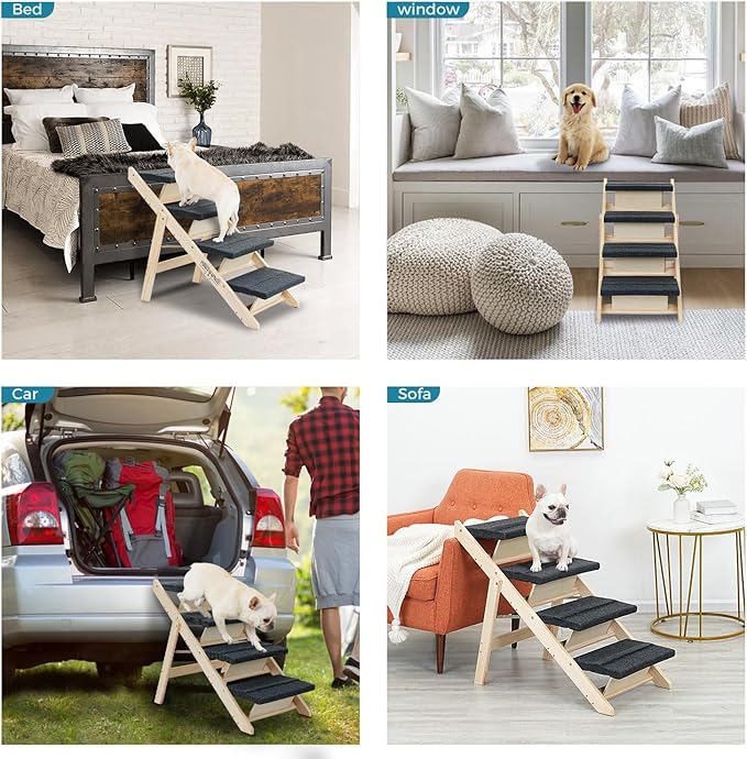 Wood Pet Stairs/Pet Steps for All Dogs and Cats - 2-in-1 Foldable Carpeted 4 Tiers Dog Stairs & Ramp Perfect for Beds and Cars - Portable Dog/Cat Ladder Up to 150 Pounds