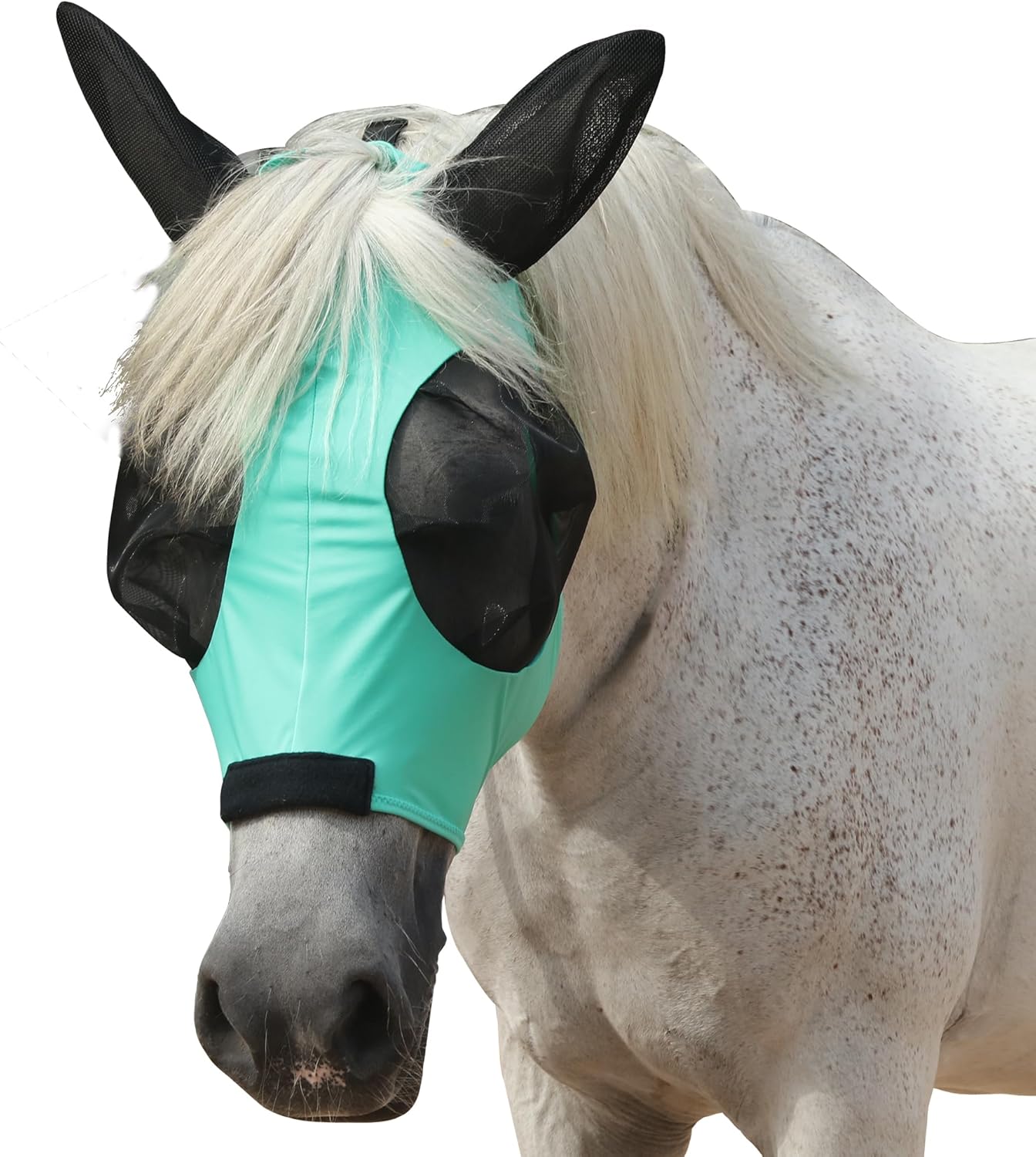Horse Fly Mask with Ears - Large Eye Space for Full Vision, Breathable Stretch Comfort Fit, UV Protection, Forelock Opening, Easy Pull-On Green Full