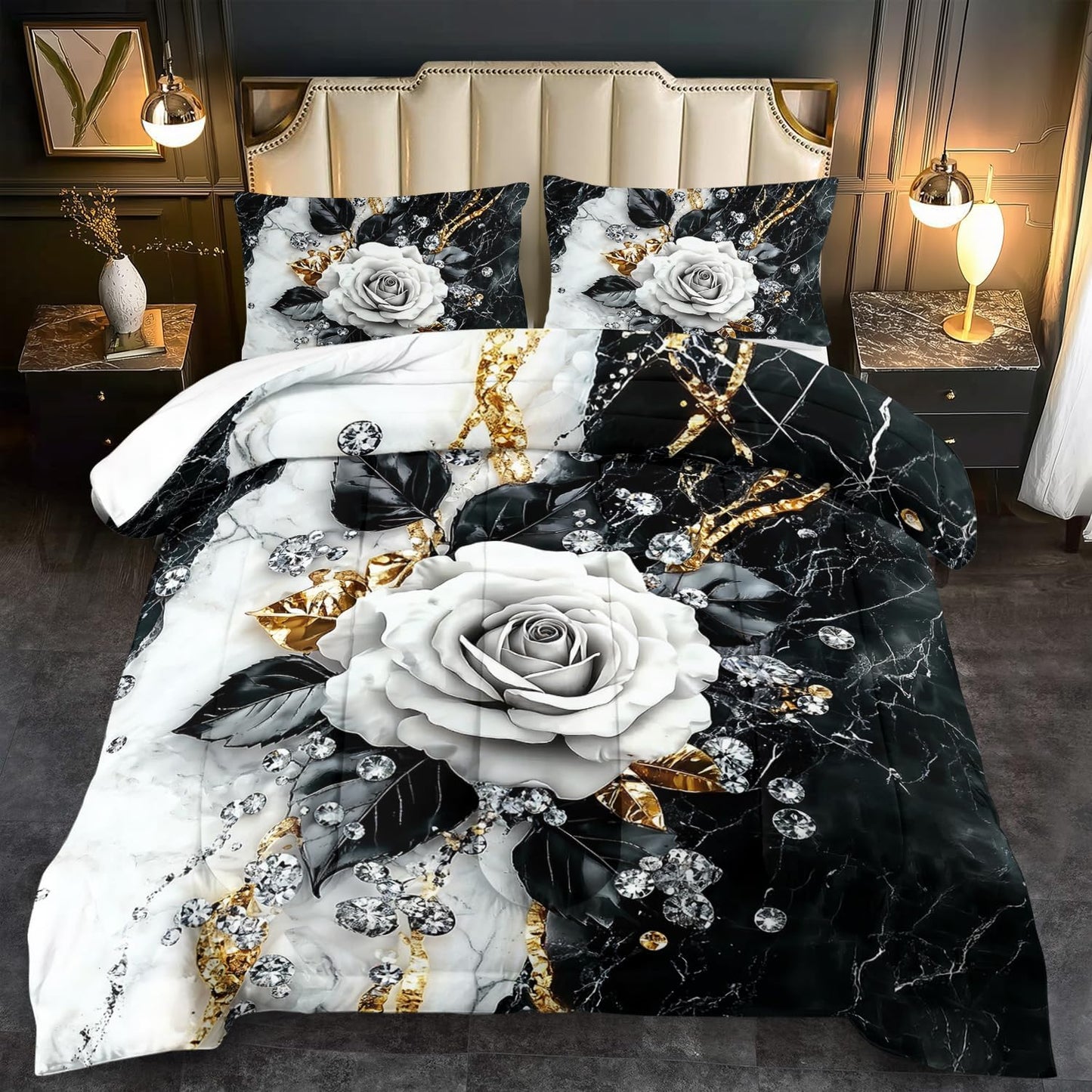 Marble Floral Comforter Set for Full Bed Women,Vintage Flower Bedding Set Full,White and Black Comforter Rose Quilt for Girls,Rose Bedding Floral Bedroom Decor Adults