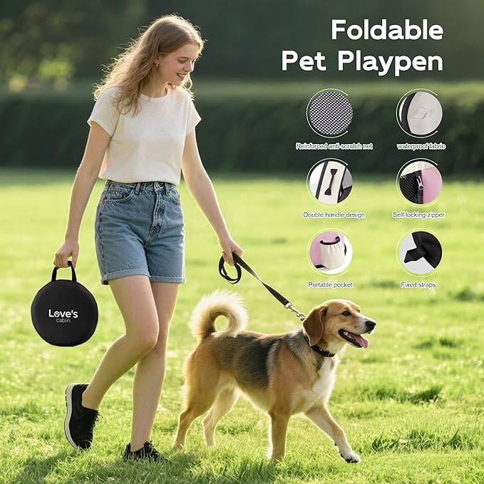 Love's cabin Pet Puppy Dog Playpen, Large Dog Tent Crates Cage Indoor/Outdoor, Portable Exercise Playpen for Cat, Foldable Pop Up Dog Kennel Playpen with Carring Case (L, Light Pink)