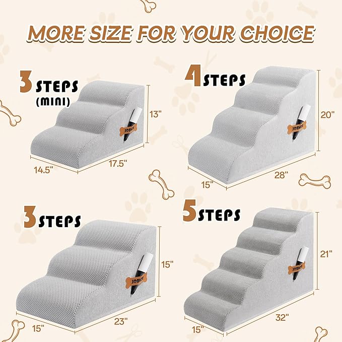 Romrol Dog Stairs Ramp for Beds Couches, Extra Wide Pet Steps with Durable Non-Slip Waterproof Fabric Cover, Dog Slope Stairs for Small Dogs and Cats or Pets Friendly, 3-Tiers, 13 Inch,Light Grey