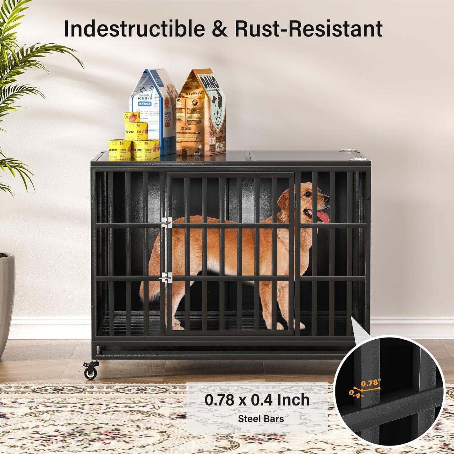 42 inch Heavy Duty Dog Crate with Self-Locking Latch, Indestructible Steel Large Kennel with Enclosed Design, Chew-Proof and Escape-Proof Pet Cage for High Anxiety Dogs
