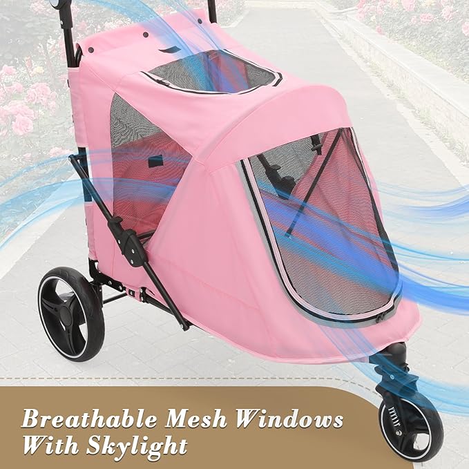 Athena Collection 3 Wheels Pet Stroller Fabric Dog Cart Dog Stroller for Large Dogs 55 Lbs Pet Stroller with Mesh Windows, Zipper Back Pocket, Safety Tether, Angle Adjustable Handlebar, Pink