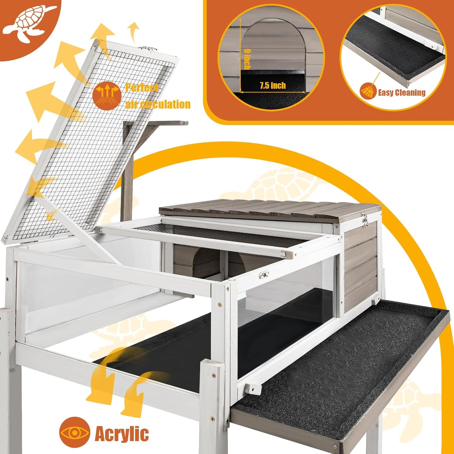 Tortoise Habitat Large Wooden Tortoise Enclosure Habitat with No-Leaking Tray Indoor & Outdoor, Reptile Cage for Small Animals TOR03-Grey