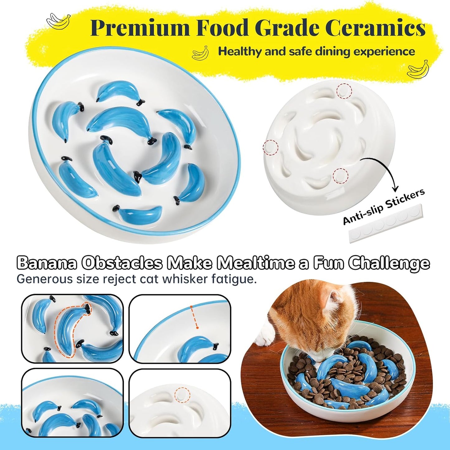 Ceramic Cat Slow Feeder Bowl - Vibrant Cat Feeding Bowl - Cute Maze Food Dish for Slow Eating - Dishwasher Safe - 6.3''W x 1.2''H - 7 OZ - Blue