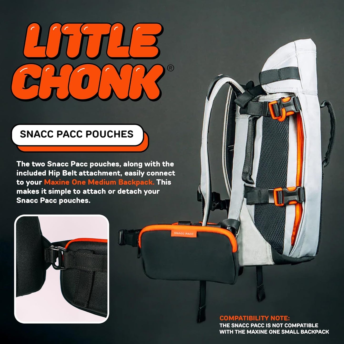 The Snacc Pacc Pouches by Little Chonk | Compatible with The Maxine One Medium Backpack Only | Two Neoprene Storage Compartments with Hip Belt Attachment