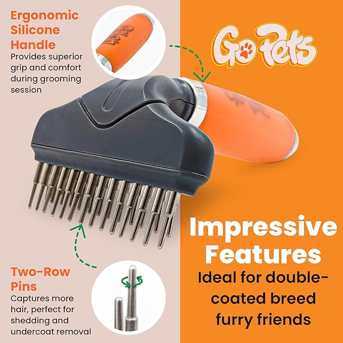 GoPets Double Row Dematting Rake, Undercoat Grooming Tool for Thick and Long Coat Pets, Ideal for Sensitive Skin, Reduces Breakage, Supports Daily Shedding Control, Detangler for Dogs and Cats