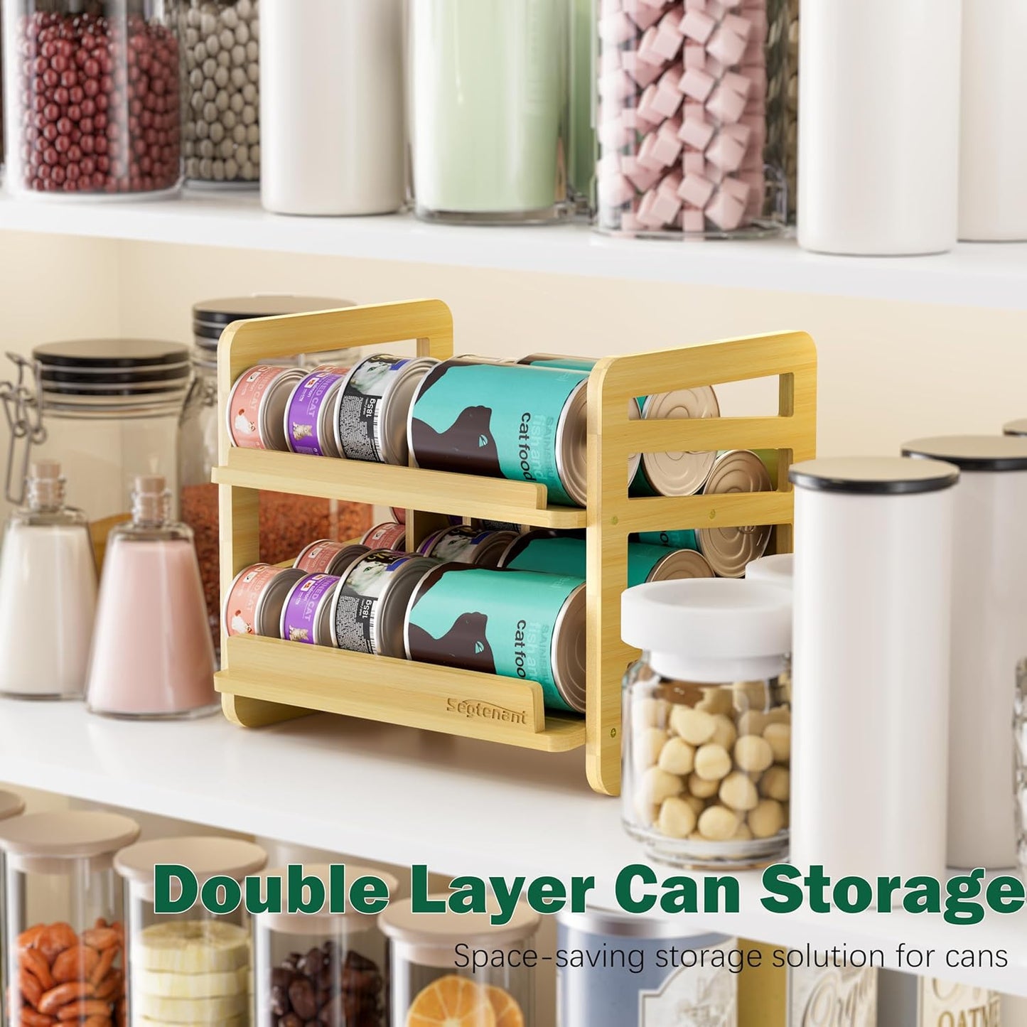 Rolling Bamboo Cat Food Can Organizer, 2-Layer Wet Cat Food Storage Container Holds 42 (3oz) Cans, Canned Cat Food Organizer and Storage for Countertop Kitchen Cabinet or Pantry Shelf