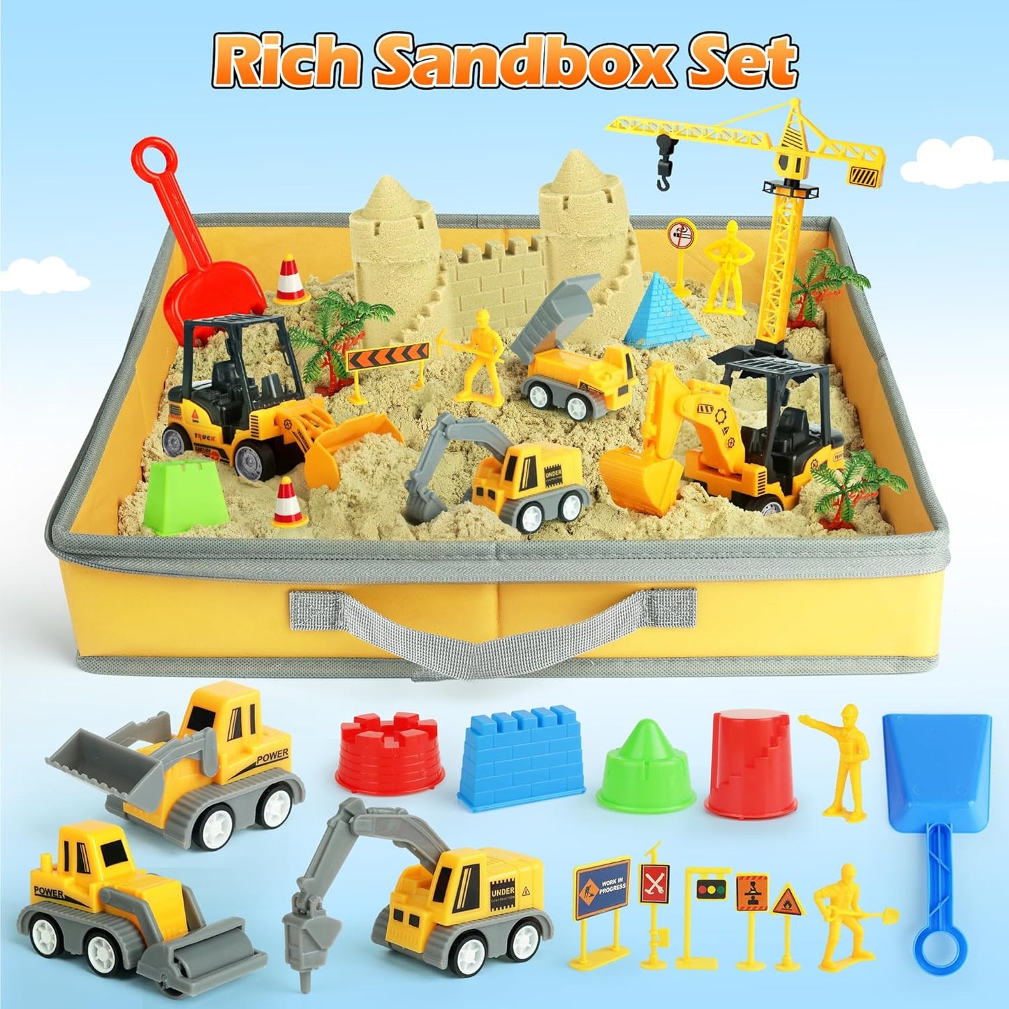 Sand Construction Site Kit - 37 Pcs Play Sand Art Kit with 8 Construction Trucks, Folding Sandbox, 2.2 lbs Magic Sand, Crane, Worker, Road Signs, Molds, Shovel - Ideal Toys for Boys Girls Age 3+
