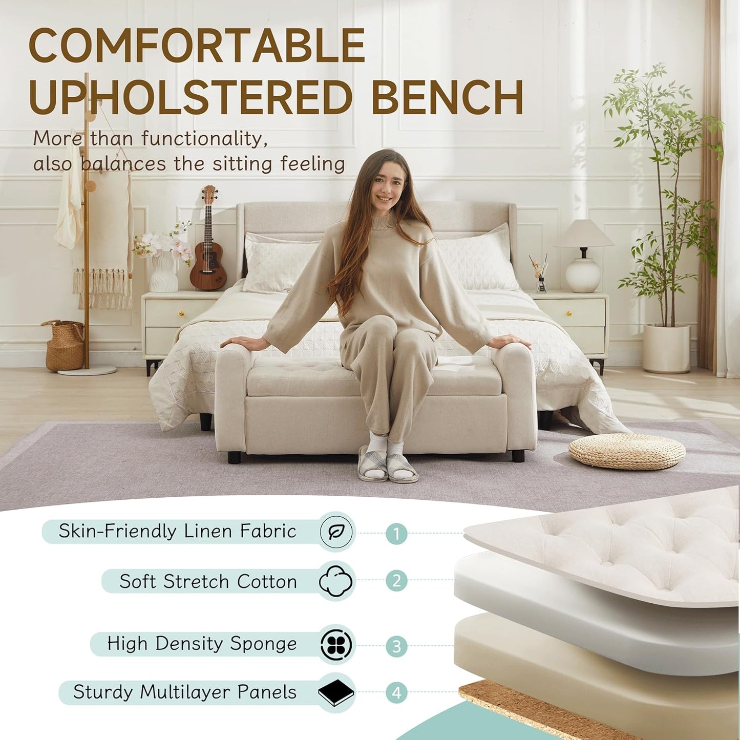 Ottoman with Storage, Tufted Storage Bench for Bedroom, 48" Fabrics End of Bed Bench, Upholstered Entryway Shoe Benches with Rolled Arm & Inner Zipper, Window Ottomans Chest without Rivets, Beige