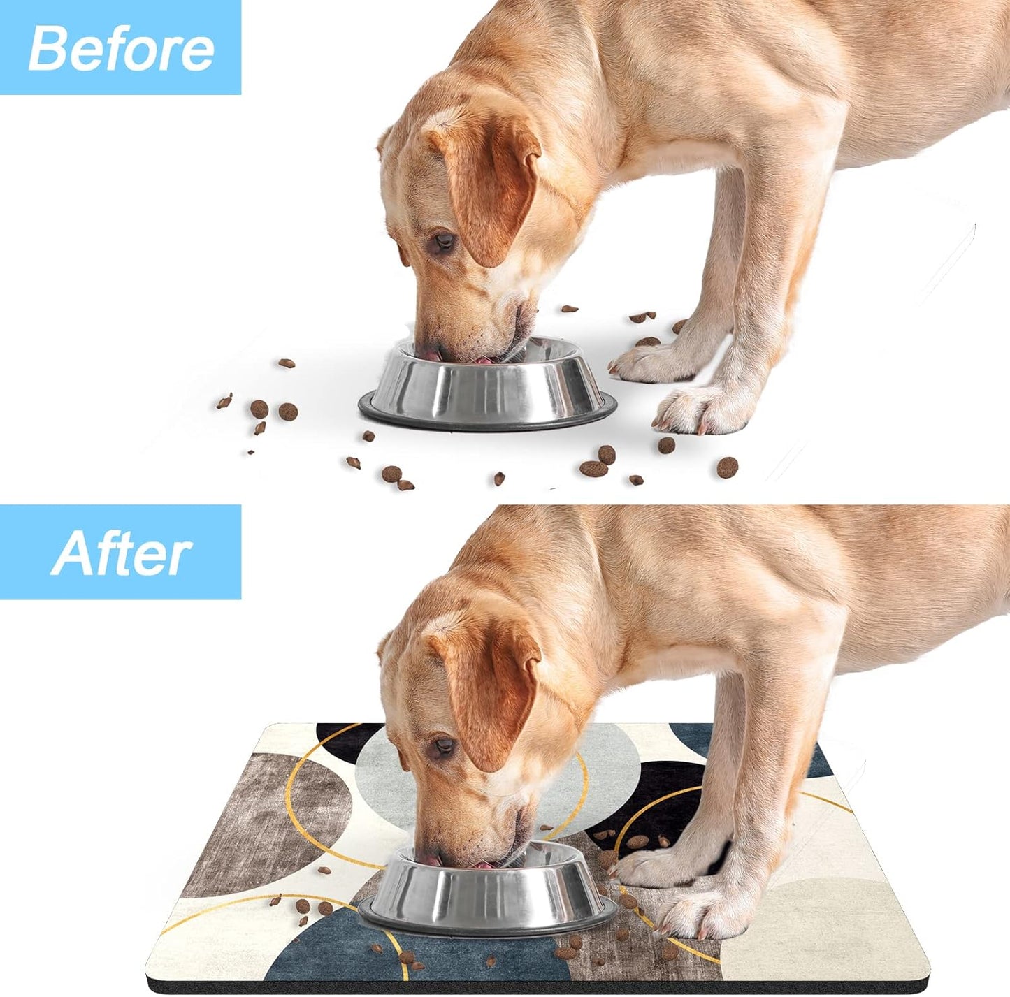 Rnivvi Dog Food Mat, 16" x 24" Boho Absorbent Dog Cat Bowl Mat for Food and Water, Cute Anti-Slip Rubber Pet Feeding Rug Protect Floors, Puppy Placemat for Feeding & Watering Supplies, Abstract Circle