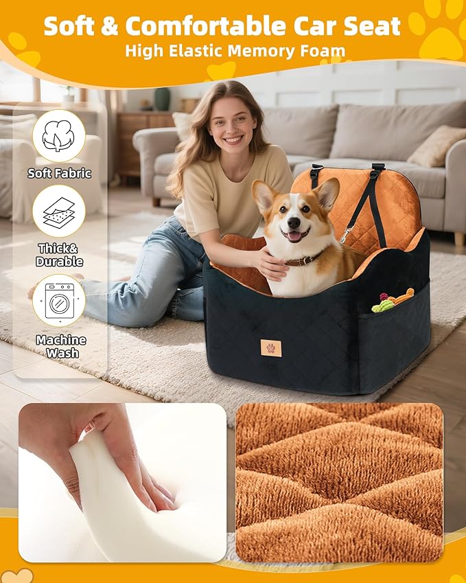 Car Seat Booster for Dog: High-Support Memory Foam Pet Car Seat for Small/Medium Dogs Under 35lbs with Elevated Cushion,Pockets - Detachable Washable Puppy Travel Bed for Driving(Black/Brown)