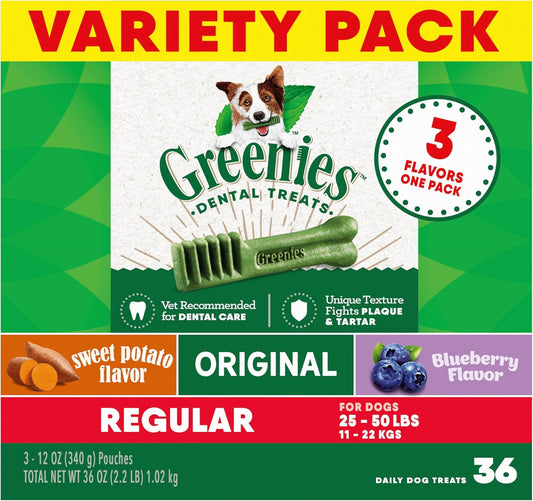 Greenies Regular Dental Dog Treats, 3-Flavor Variety Pack, (3) 12 oz. Pouches, 36 Total Treats