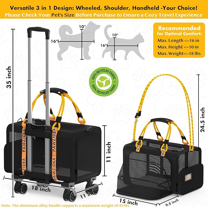 PAWZIDEA Pet Carrier with Wheels, 18x11x11 TSA Airline Approved Cat Carrier for 2 Cats Under Seat, Expandable Soft-Sided Rolling Dog Carriers for Small Dogs Travel Bag with Telescopic Handle, Black