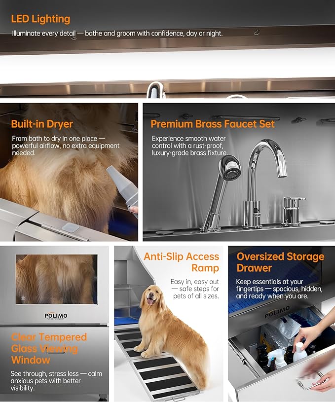 polimo Dog Washing Station with Dryer & LED, Professional Stainless Steel Grooming Tub, Dog Bathtub for Large, Medium & Small Dog, w/Window, Ramp, Drawer, Floor Grate &Fauct （Right RAMP & Dryer, 50"）