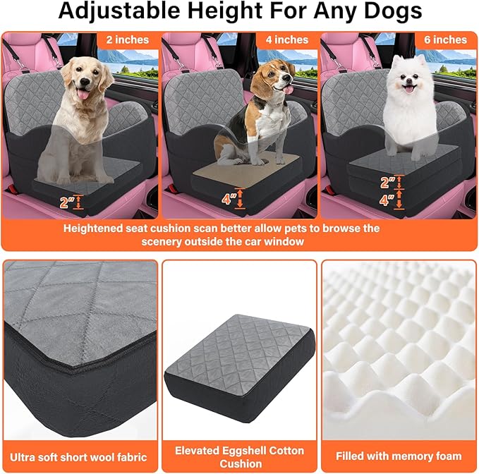 Dog Booster Car Seat, 6in Memory Foam Adjustable Booster Cushion for Small/Medium Dogs, Detachable and Washable Dog Car Seat with Cooling Mat, Pet Booster Seat with Storage Pockets, 2 Safety Belts