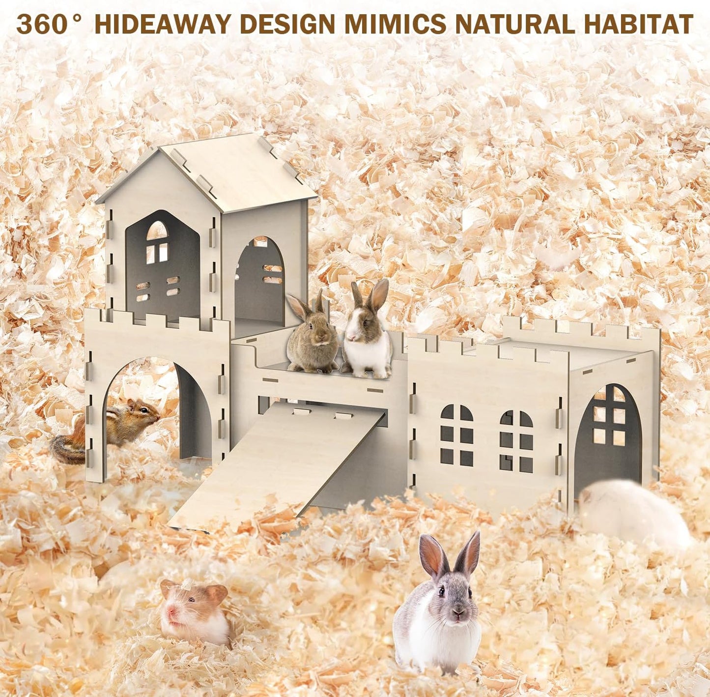 Large Bunny House and Hideouts, Wooden Dual-Layer Rabbit Castle with Stair, Rubber Band-Free Setup - Chew-Proof, Sturdy Habitat for Guinea Pig Chinchilla Ferret (Rabbit House with Tunnels & Tubes)