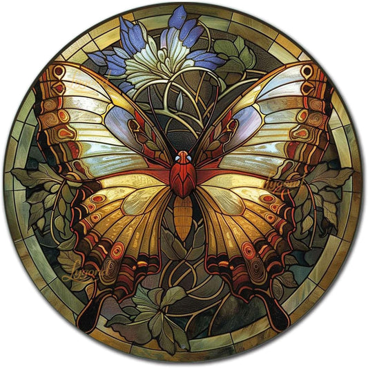 Lygond Metal Sign Tin Sign Circular Stained Glass Butterfly Funny Bathroom Wall Decor for Patio 8×8 Inches